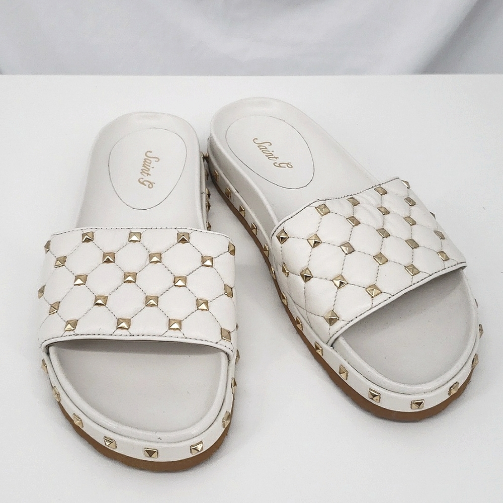 Saint G White Gia Studded Slide Vamp Strap Embellished Gold Studs Comfortable 9